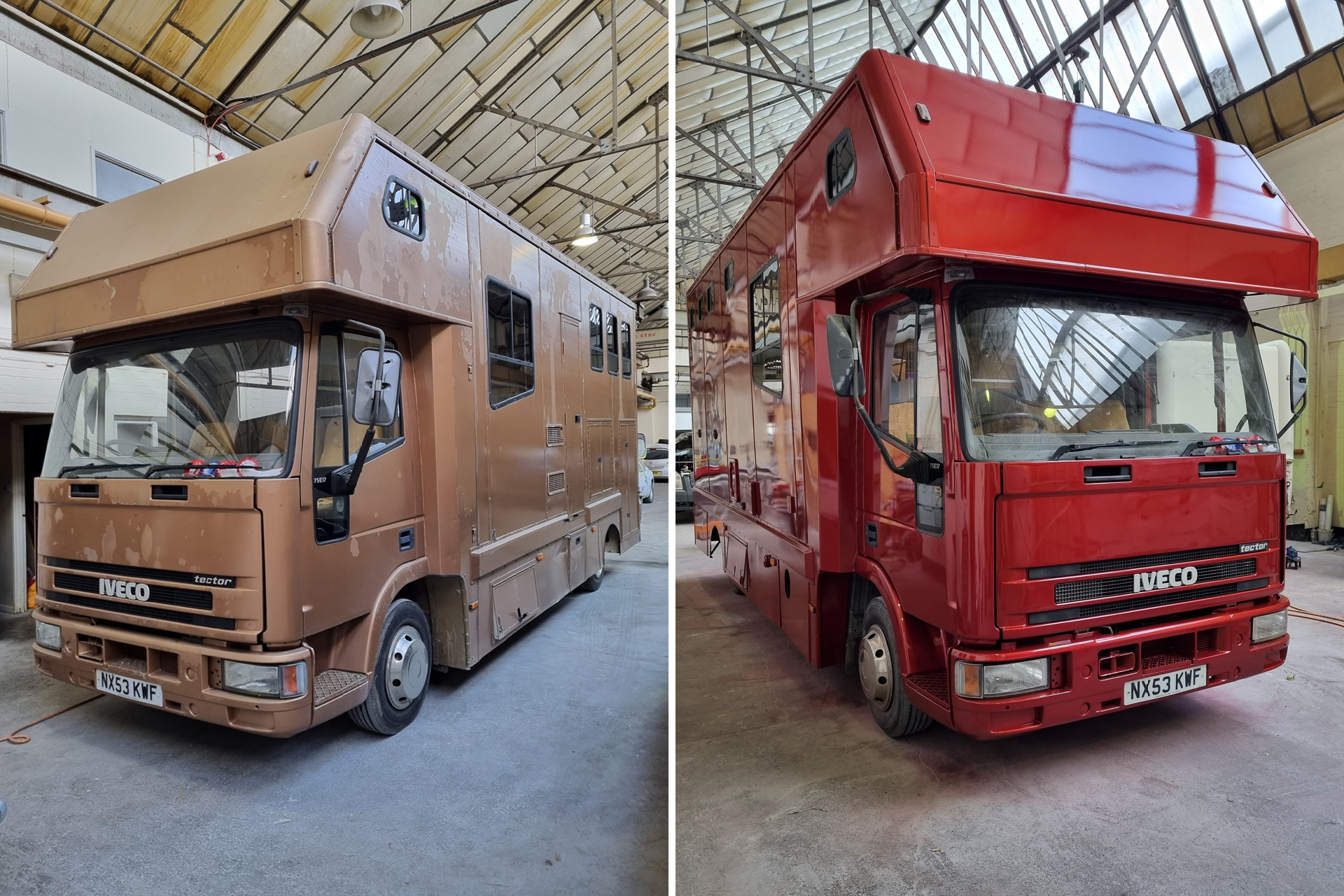 A professional technician working on a caravan, inspecting the bodywork and making repairs